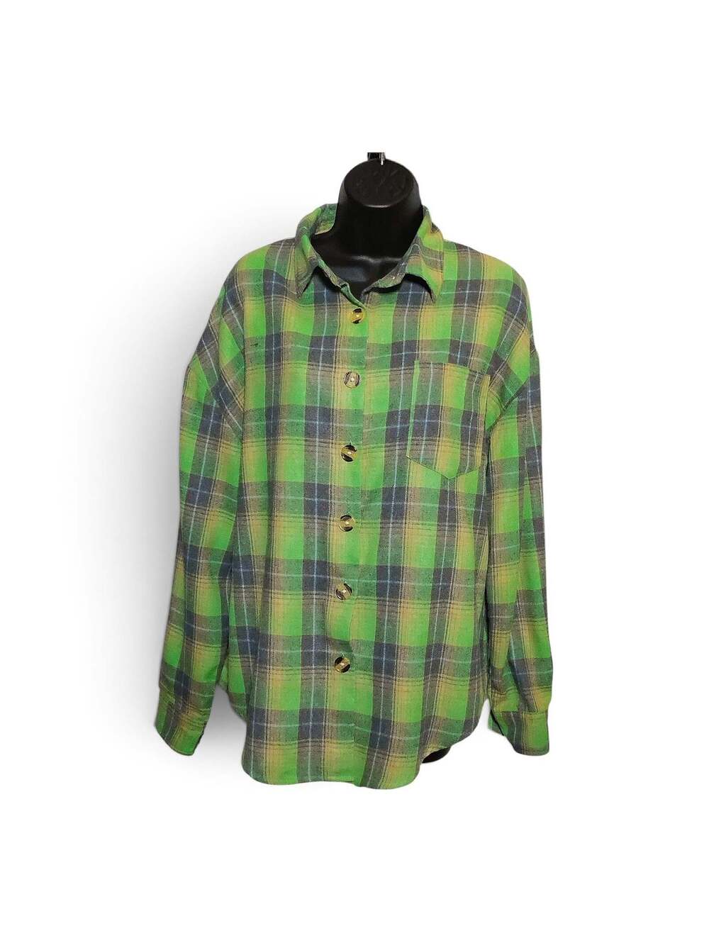Moshu Plaid Flannel Button-Up Shirt Chest Pocket L Green